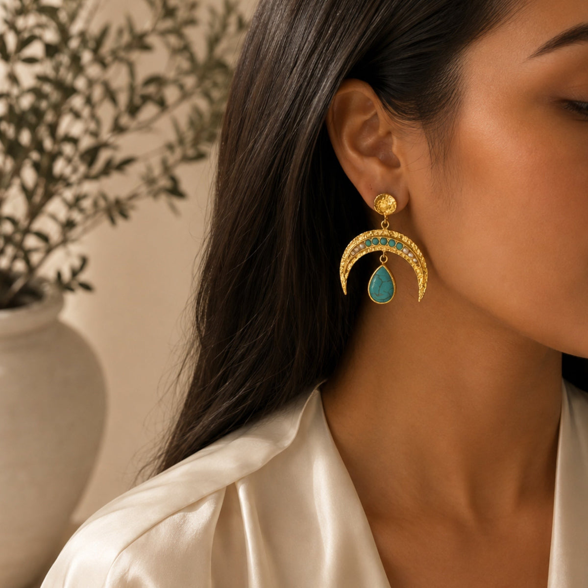 Turquoise and Pearl Cresent Horn Earrings