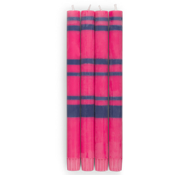 Striped Dinner Candles in Neyron Pink and Midnight Blue