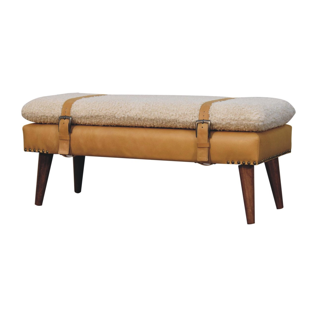 Solid Wood Boucle Tan Leather Bench