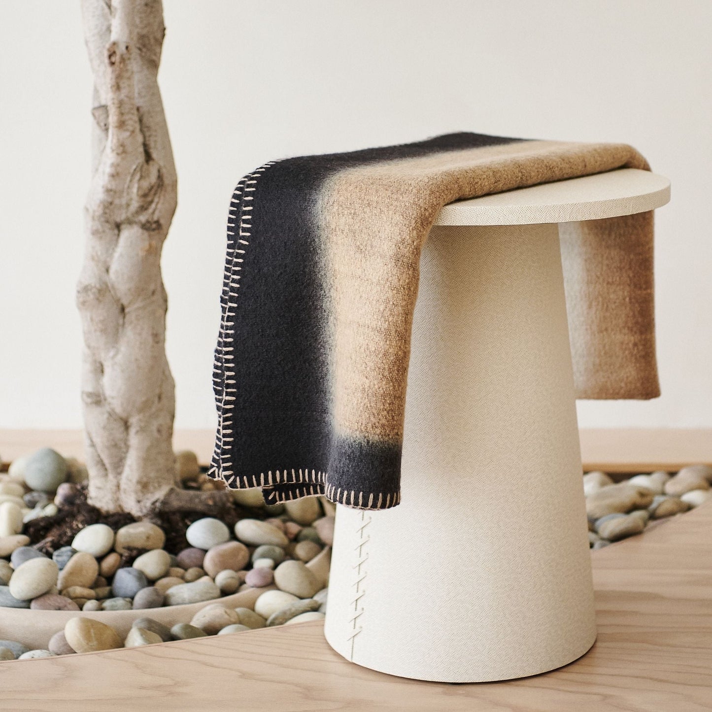 Siro Brown And White Ombre Textured Throw  In Hand Spun Merino And Hand Stitched Hem