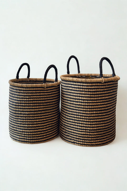 S/2 Handwoven Hamper - Natural with Black Stripes