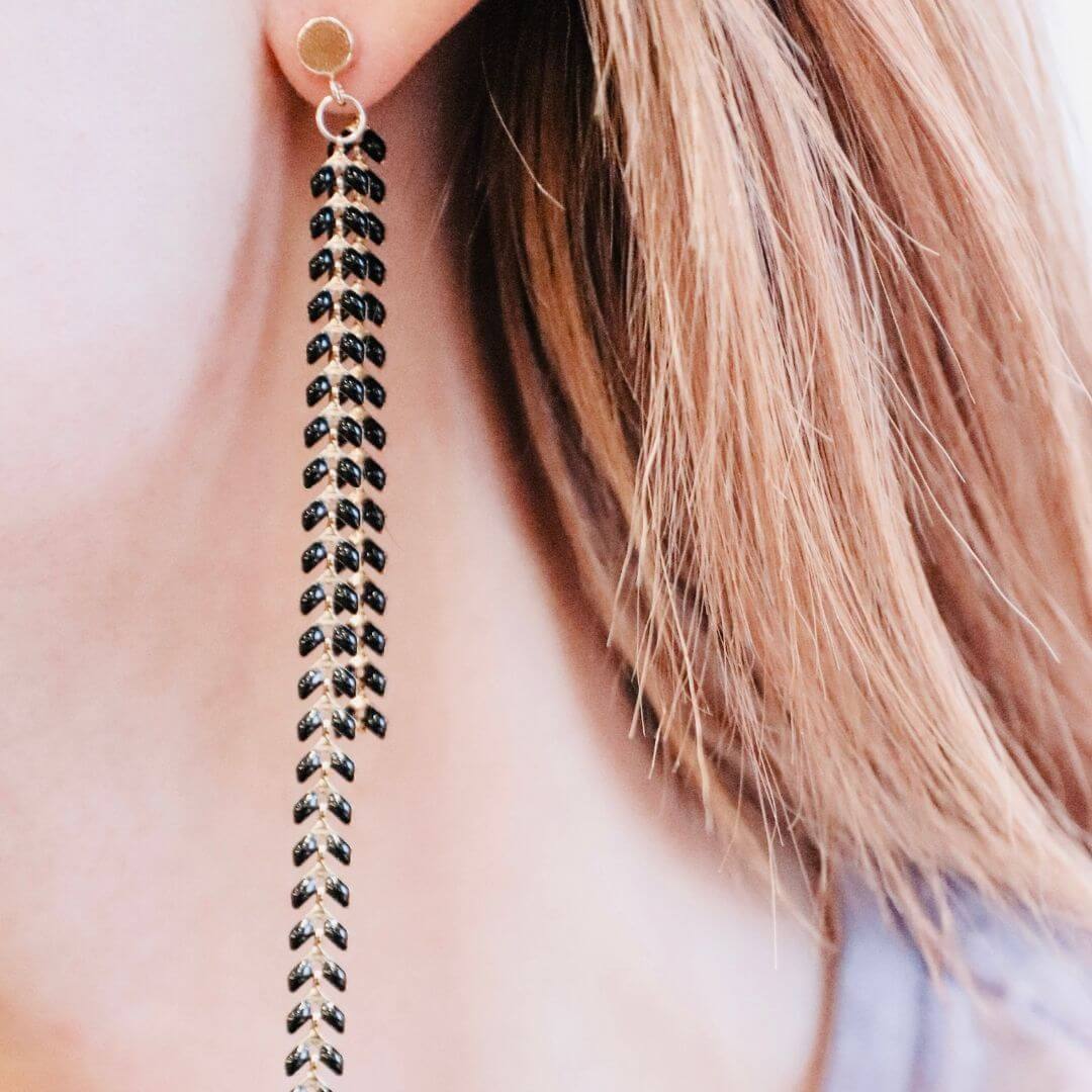 Elegante Black Enamel Chevron Dangle Earrings | Gold Filled