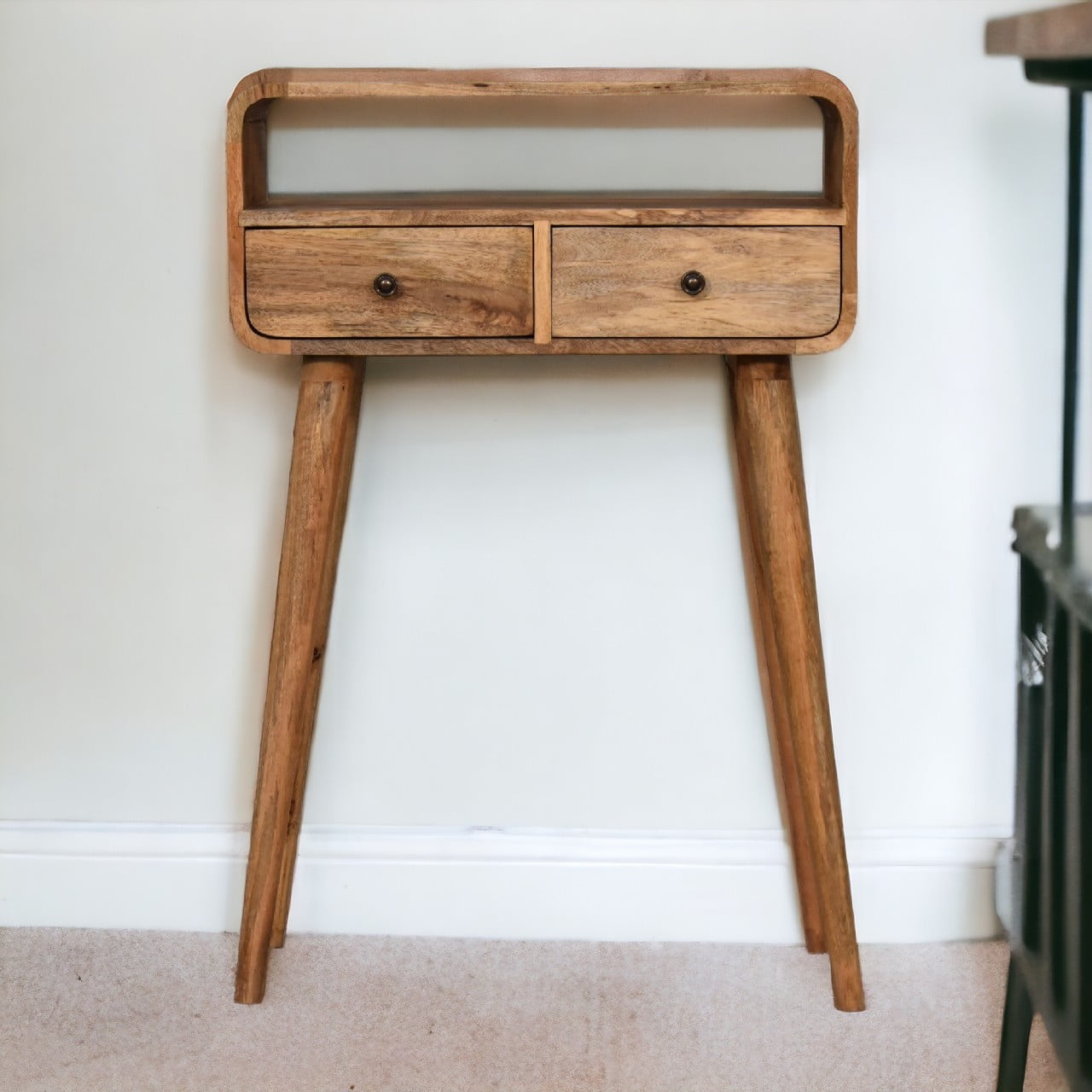 Solid Wood Mini Curved Oak-ish Console Table, 2-Drawers, 1 Open Slot