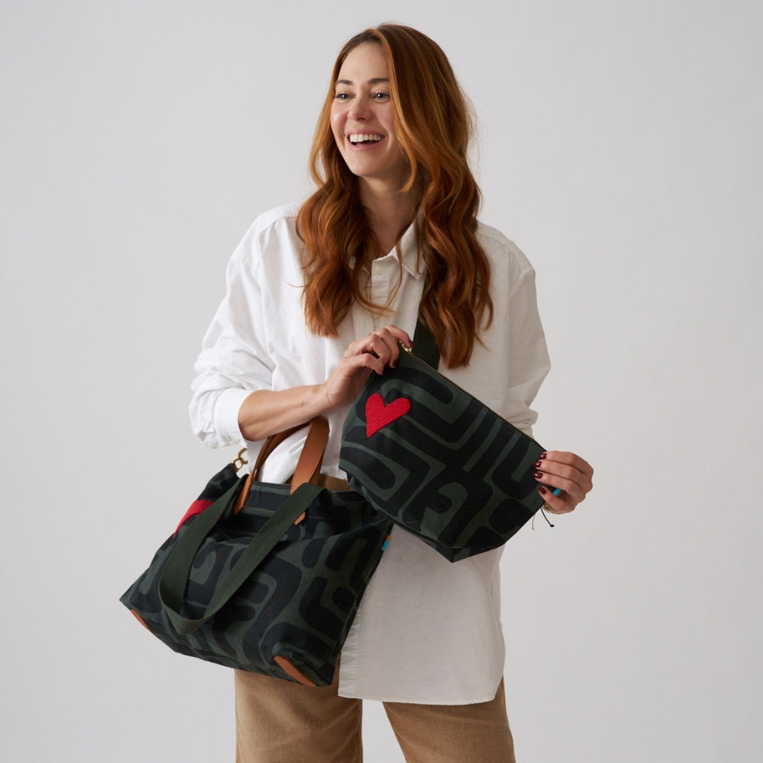 Large Convertible Pouch - Safari Kuba with Beaded Red Heart with Medium Leather Strap