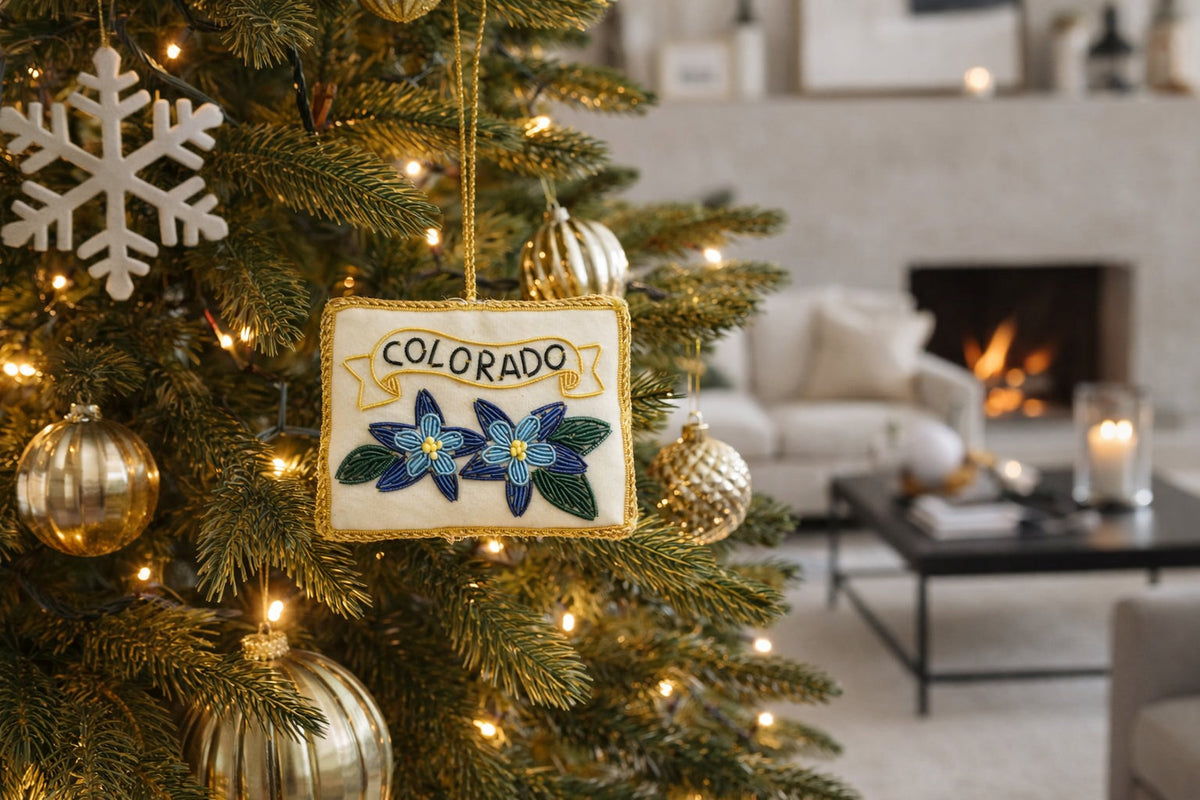 Colorado State Blue Columbine Beaded Fabric Ornament - Embroidered