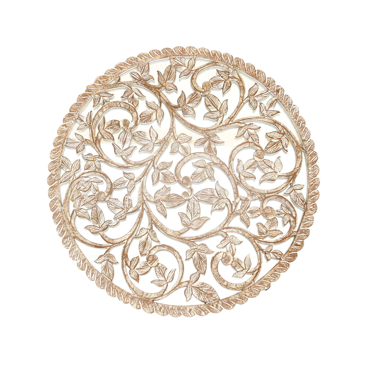 Wall Art | Round Wood Handcarved Wall Panel with Mirror, 36"