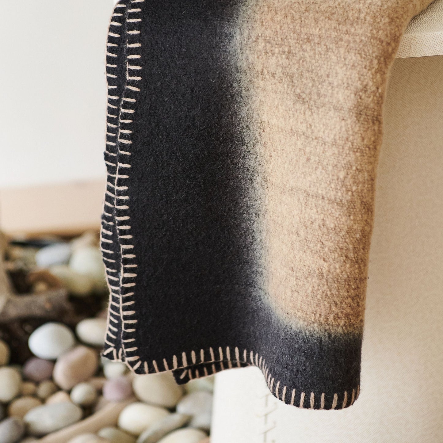 Siro Brown And White Ombre Textured Throw  In Hand Spun Merino And Hand Stitched Hem