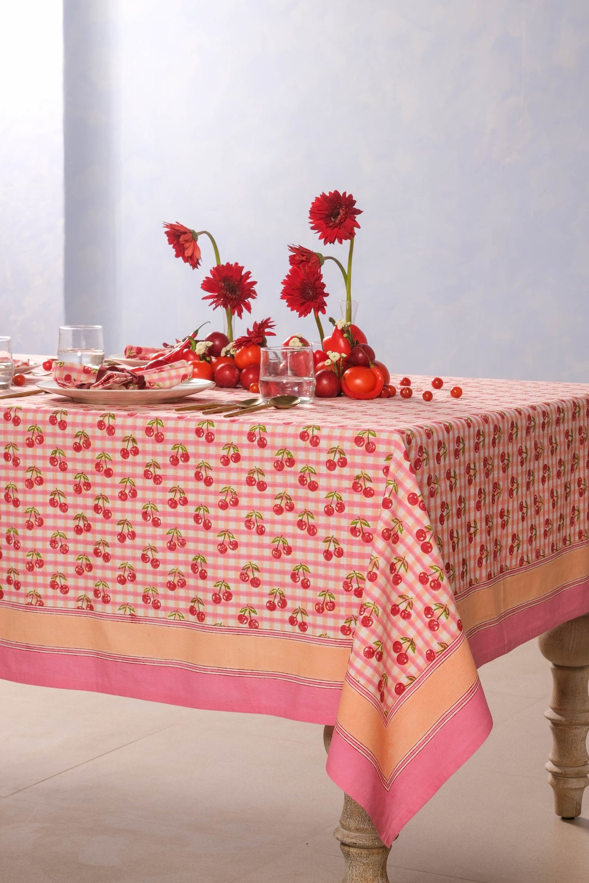 Cherry Blockprint Tablecloth in Red Gingham