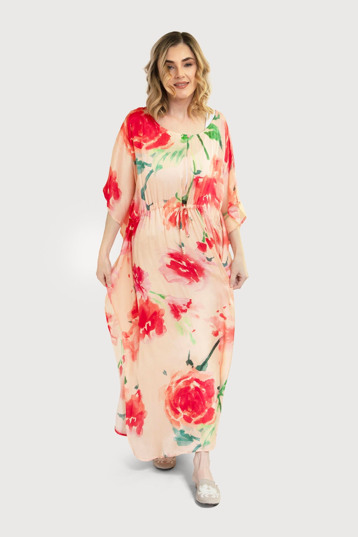 Delicate Floral Tie Waist Keyhole Kaftan
