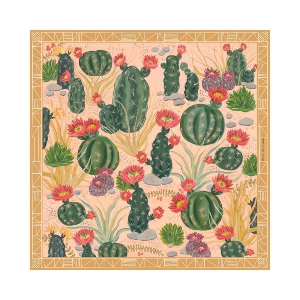 100% Silk Scarf: Cactus Garden - Desert Botanical Pattern
