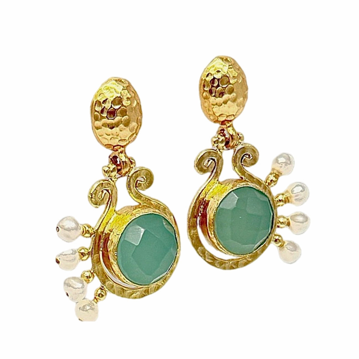 Baglama Aqua Chalecdony and Pearl Earrings