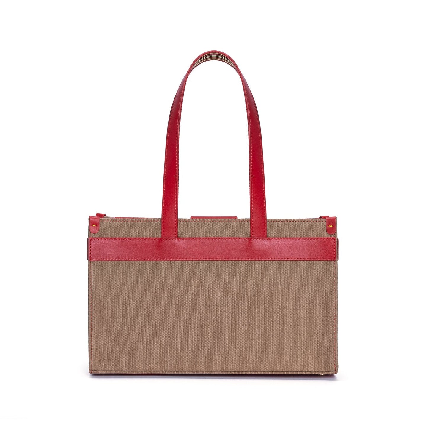 Red Leather & Tobacco Canvas Tote Bag with Pockets