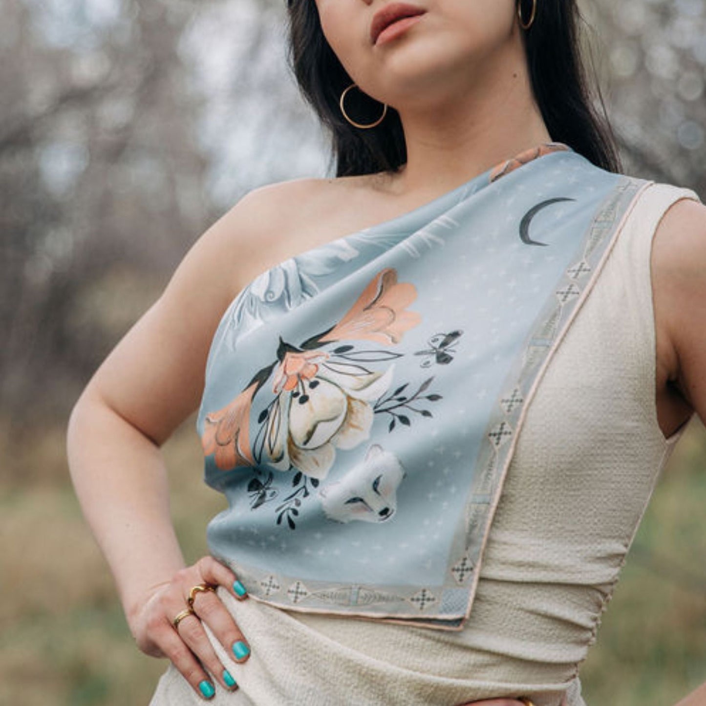 100% Silk Scarf: Tundra - Arctic Animal Floral Pattern