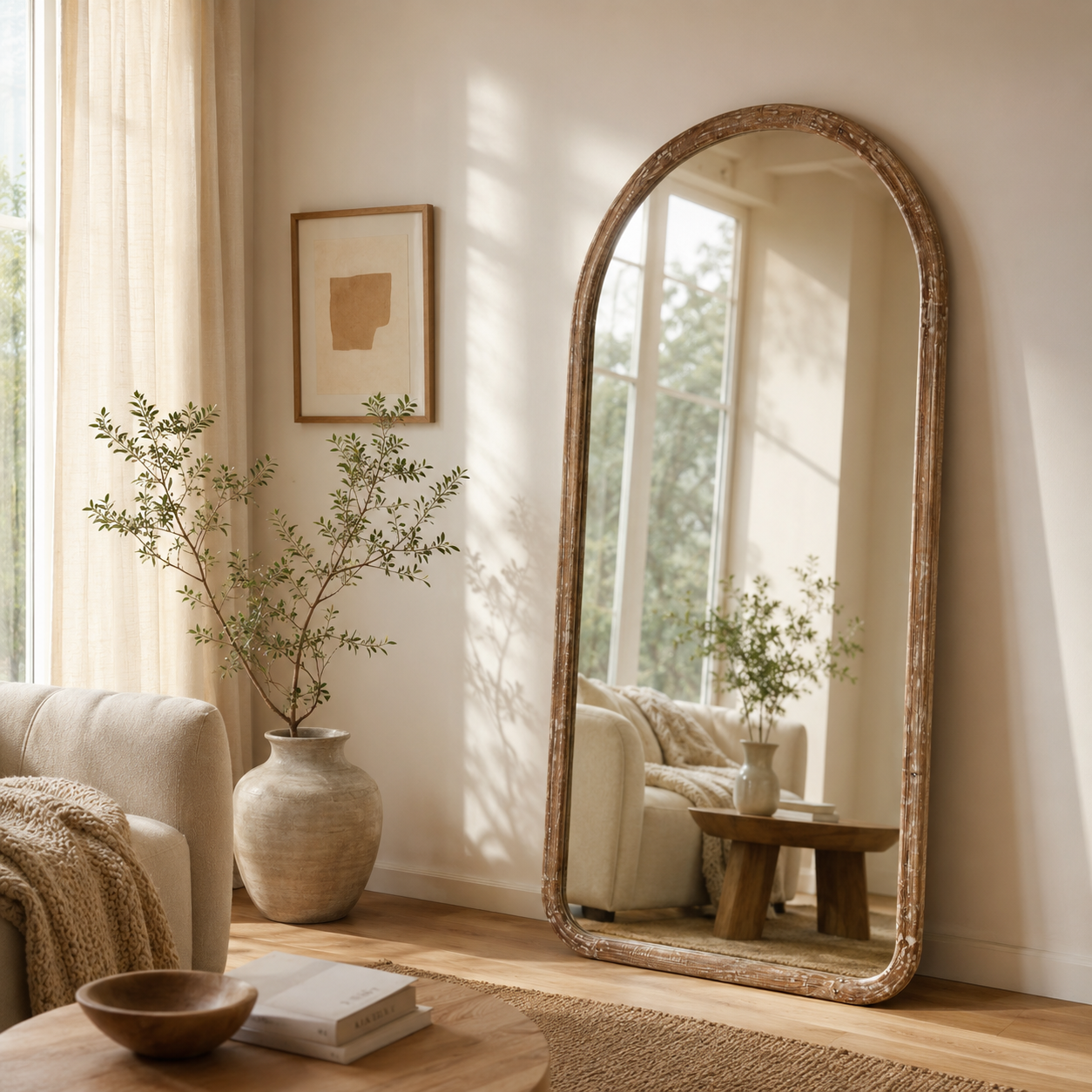 Arched Full Length Wall Mirror with Mango Wood Frame, 36x72"