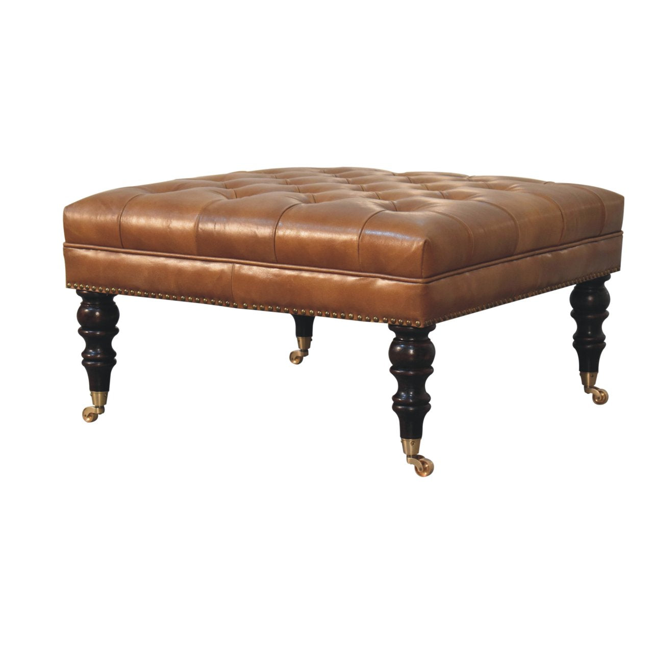 Solid Wood Studded Buffalo Leather Upholstered Ottoman
