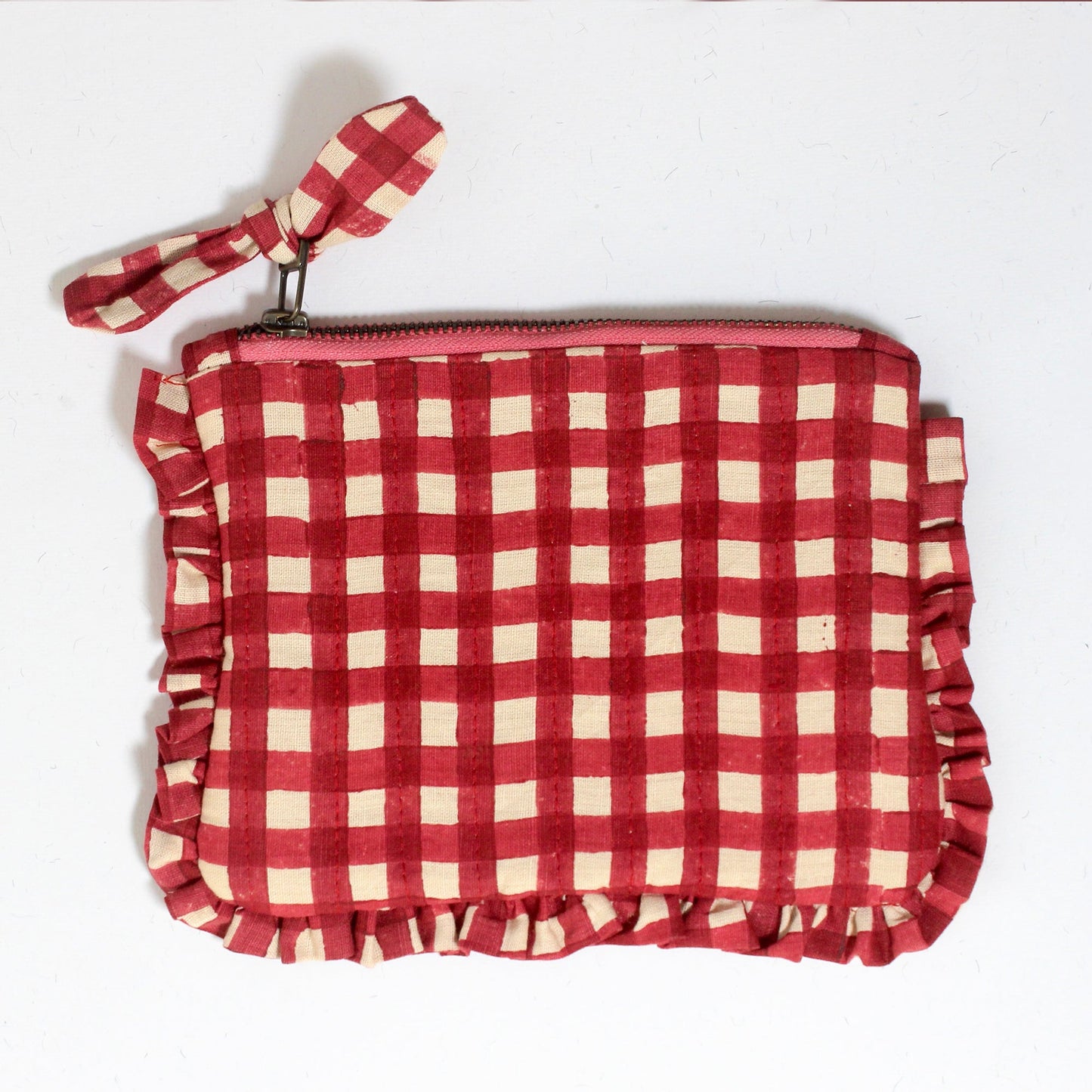 Quilted Cotton Travel Pouch with Red Checks and Ruffle Trim