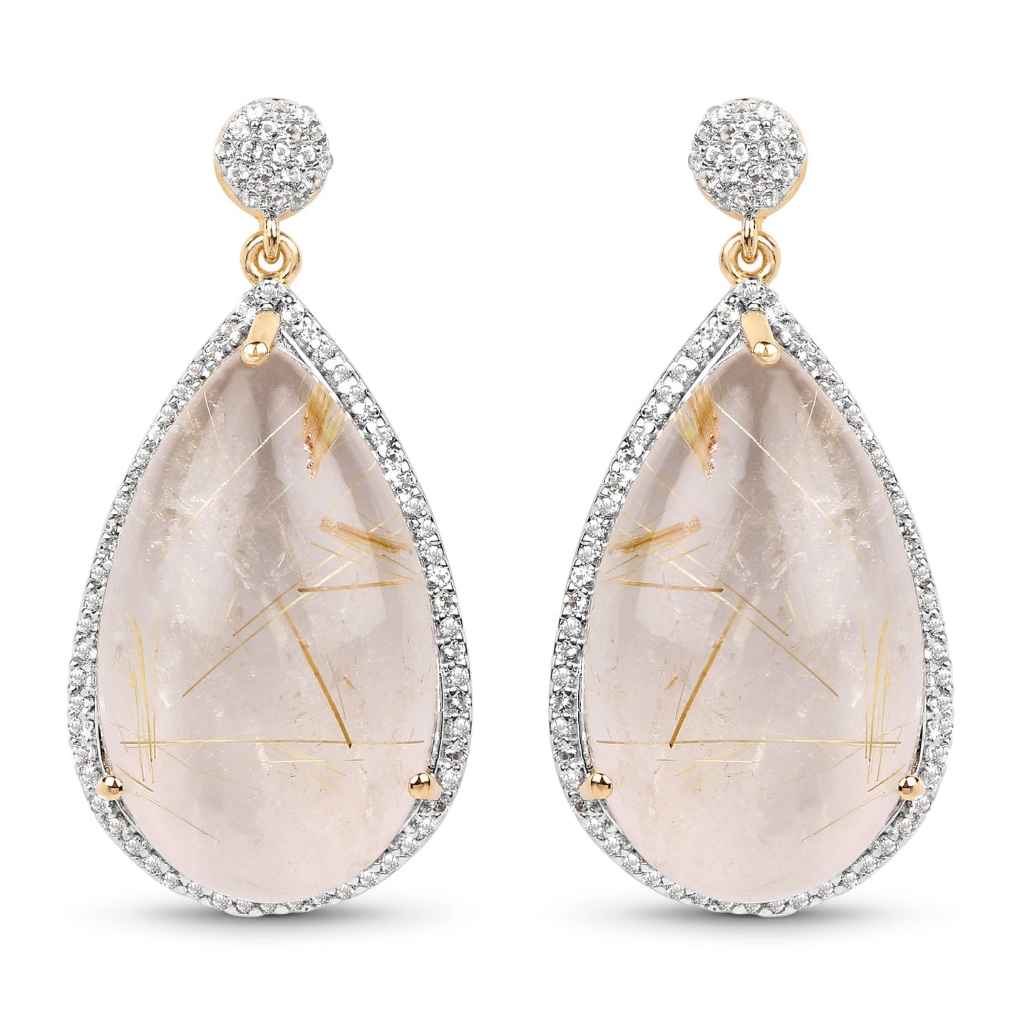 14K Yellow Gold Plated 35.15 Carat Genuine Golden Rutile and White Topaz .925 Sterling Silver Earrings