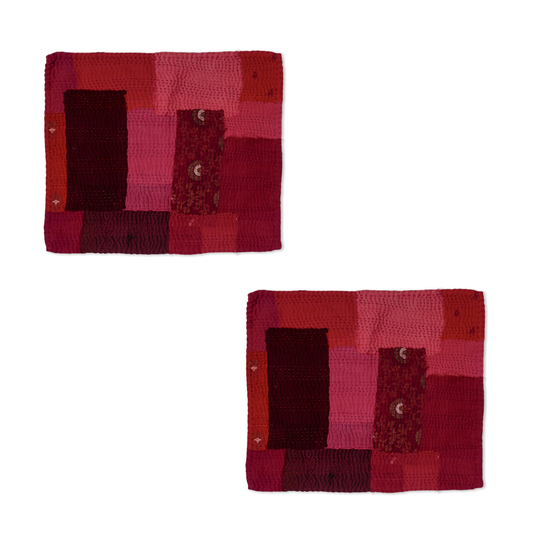 S/2 Landscape Fray Patch Vintage Kantha Placemat - Red