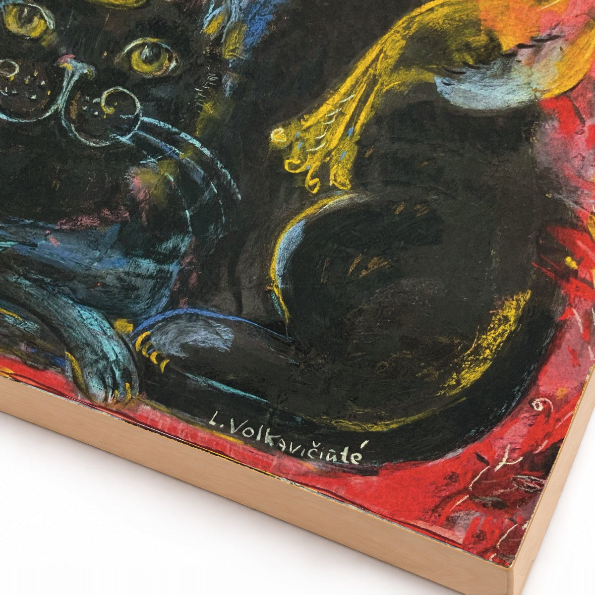 Crowned Black Cat with Bird: Red Folk Art Print on Board