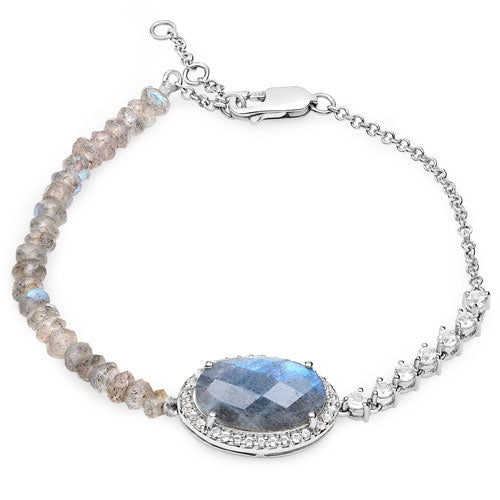 17.49 Carat Genuine Labradorite and White Topaz .925 Sterling Silver Bracelet