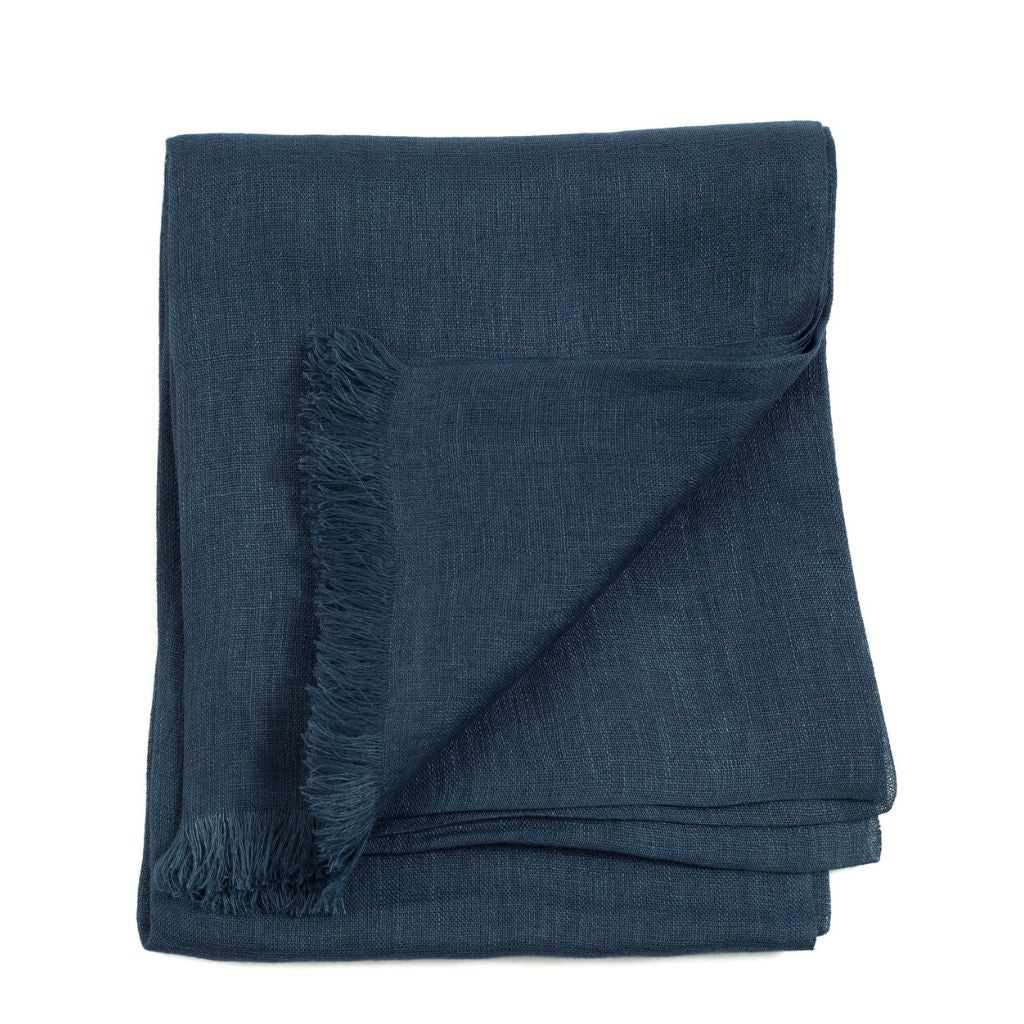 Midnight Navy Blue Hand Woven Linen Silk Blend Scarf