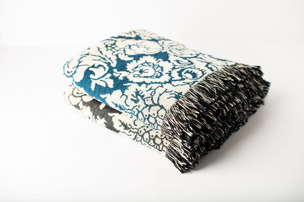 Blue Damask Floral Jacquard Woven Throw