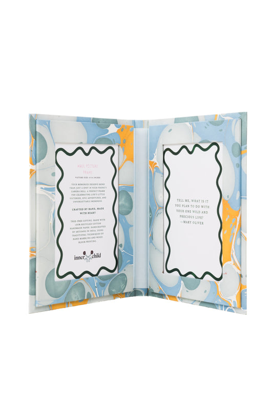 Hand Marbled Picture Frame Folding Book, 4x6 in Grey and Blue