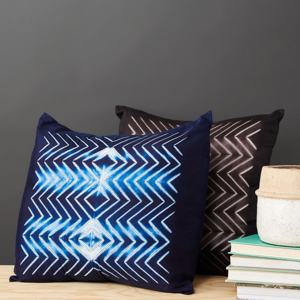 Naami Indigo Geometric Shibori Print Silk Pillow