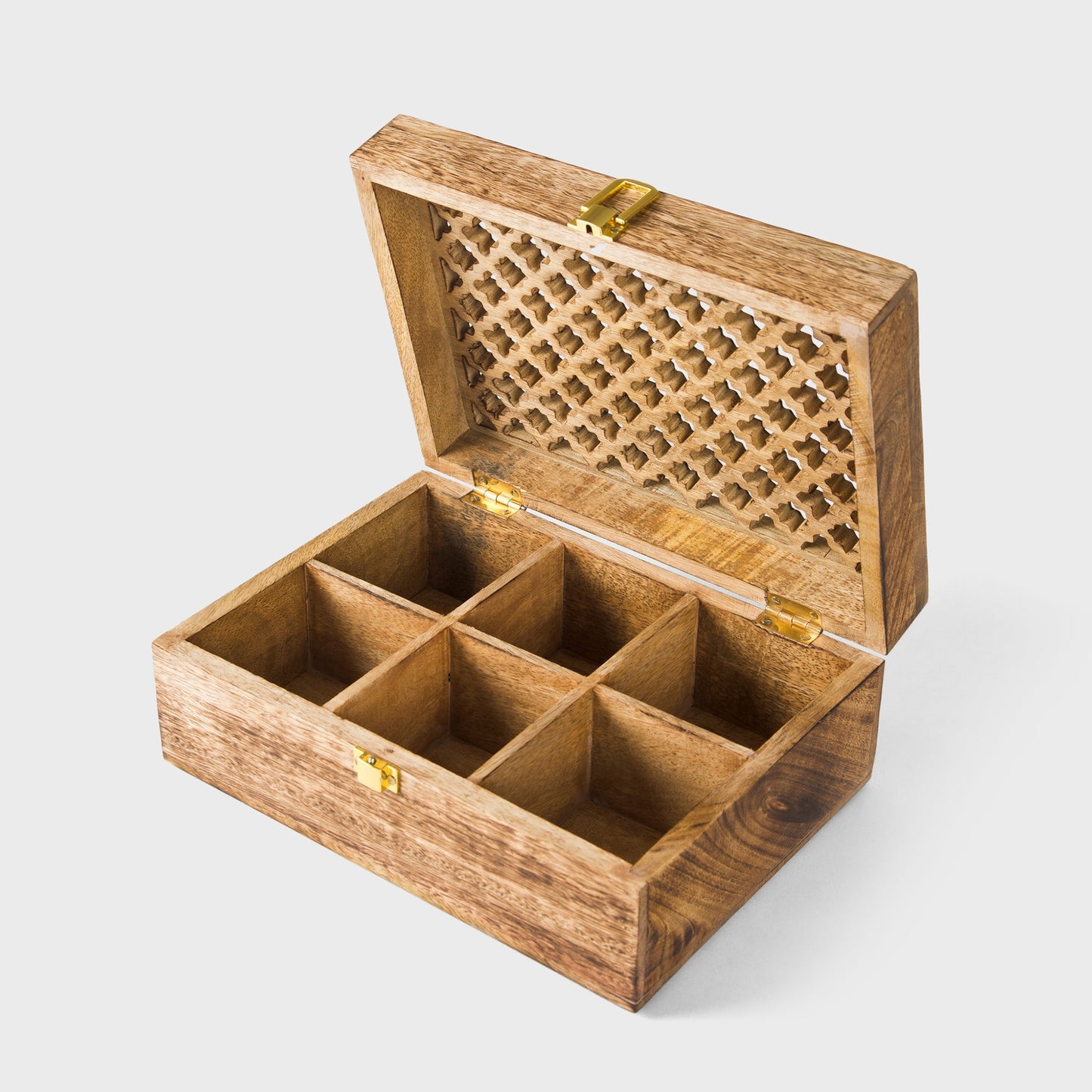 Mango Wood Trellis Keepsake Box with Compartments, Medium Burnt