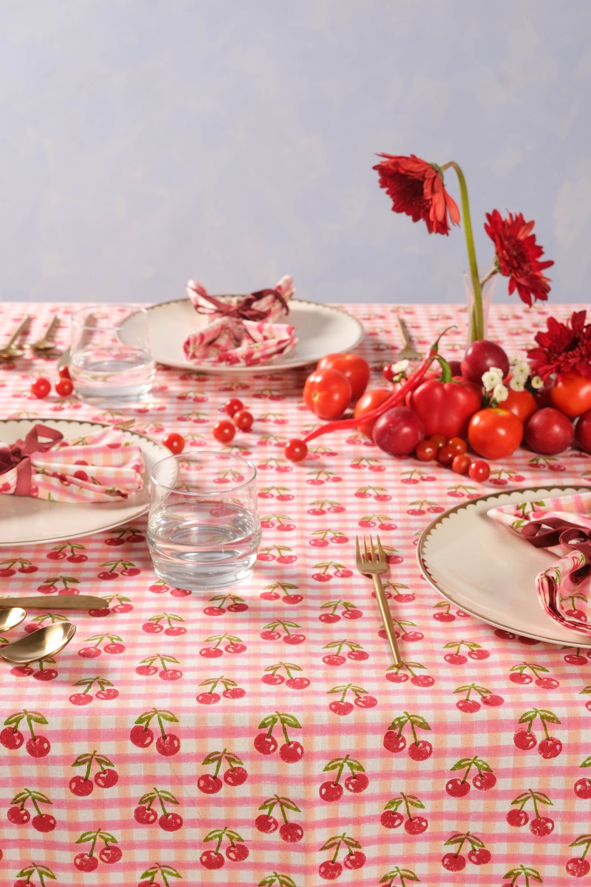 Cherry Blockprint Tablecloth in Red Gingham