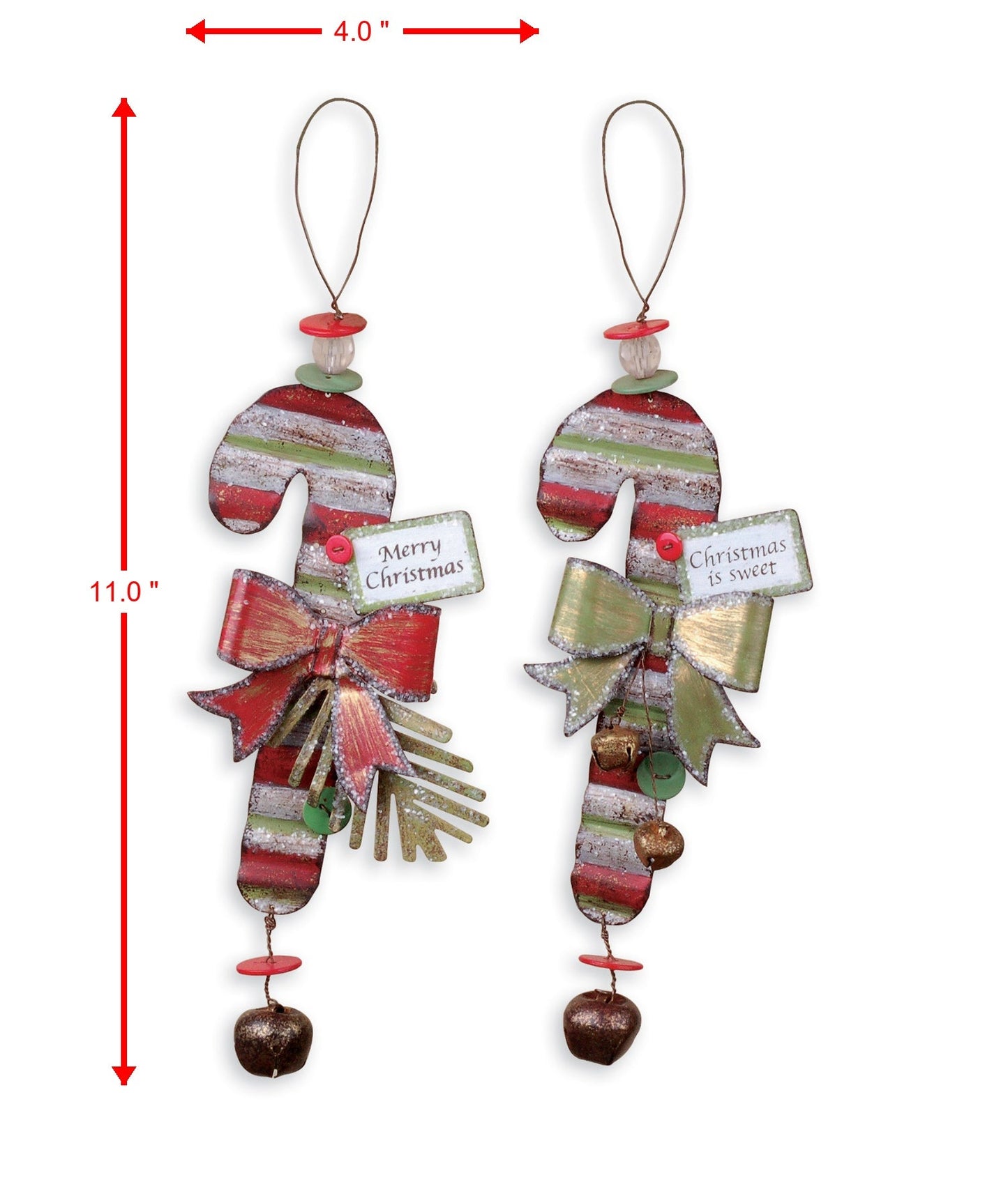 Rustic Vintage Metal Candy Cane Ornaments - Set of 4