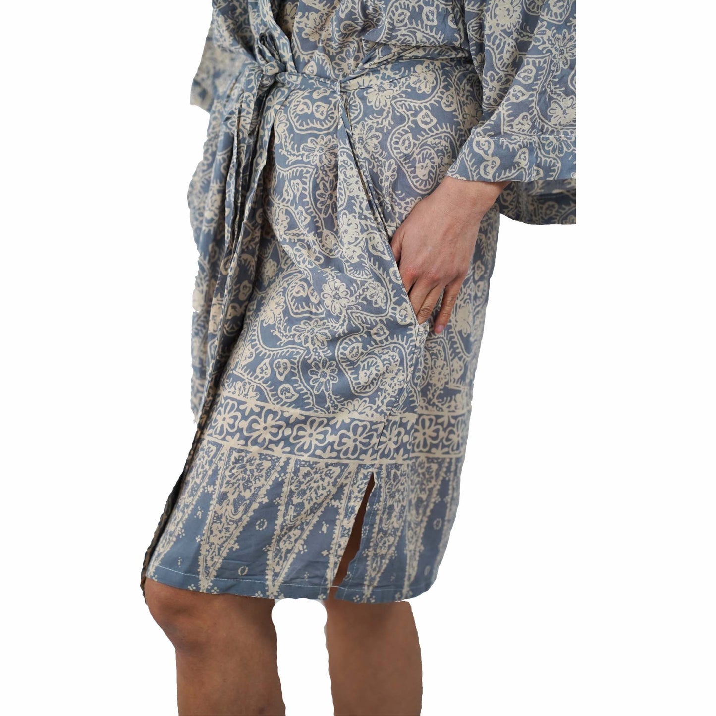 Hand Dyed Batik Robe Kimono, 100% Cotton, Gray, Silver Petals