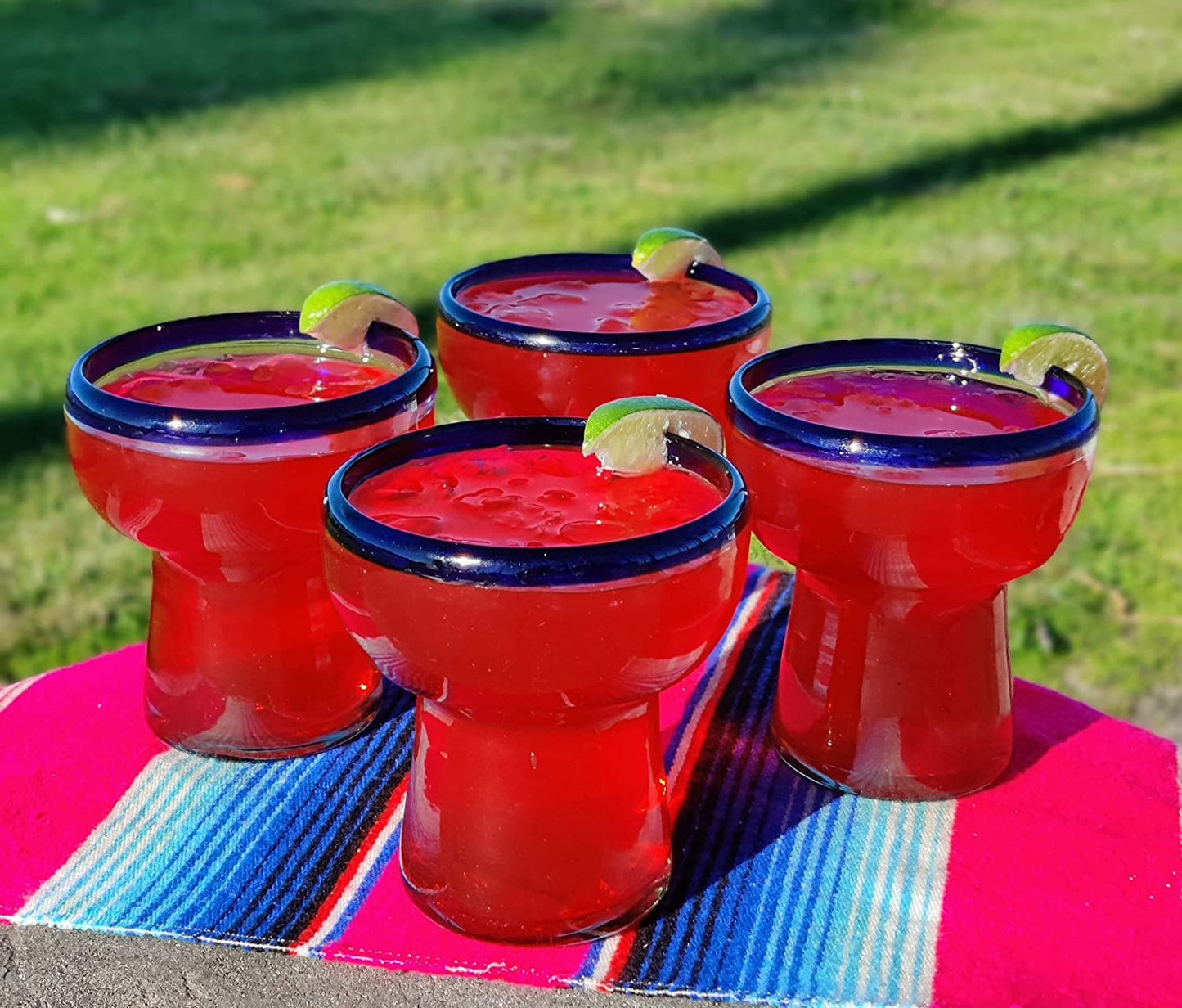 Set of 4 Hand Blown Stemless Blue Rim Margarita Glasses