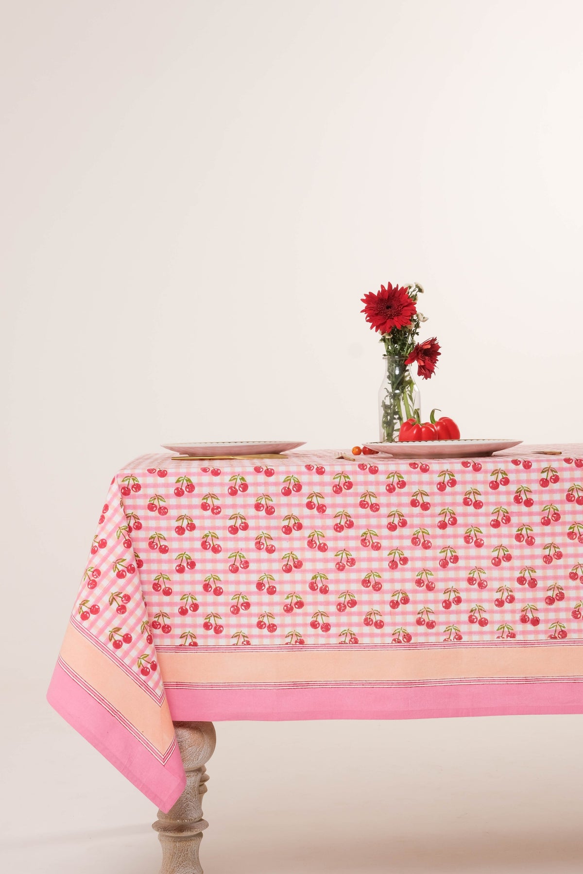 Cherry Blockprint Tablecloth in Red Gingham