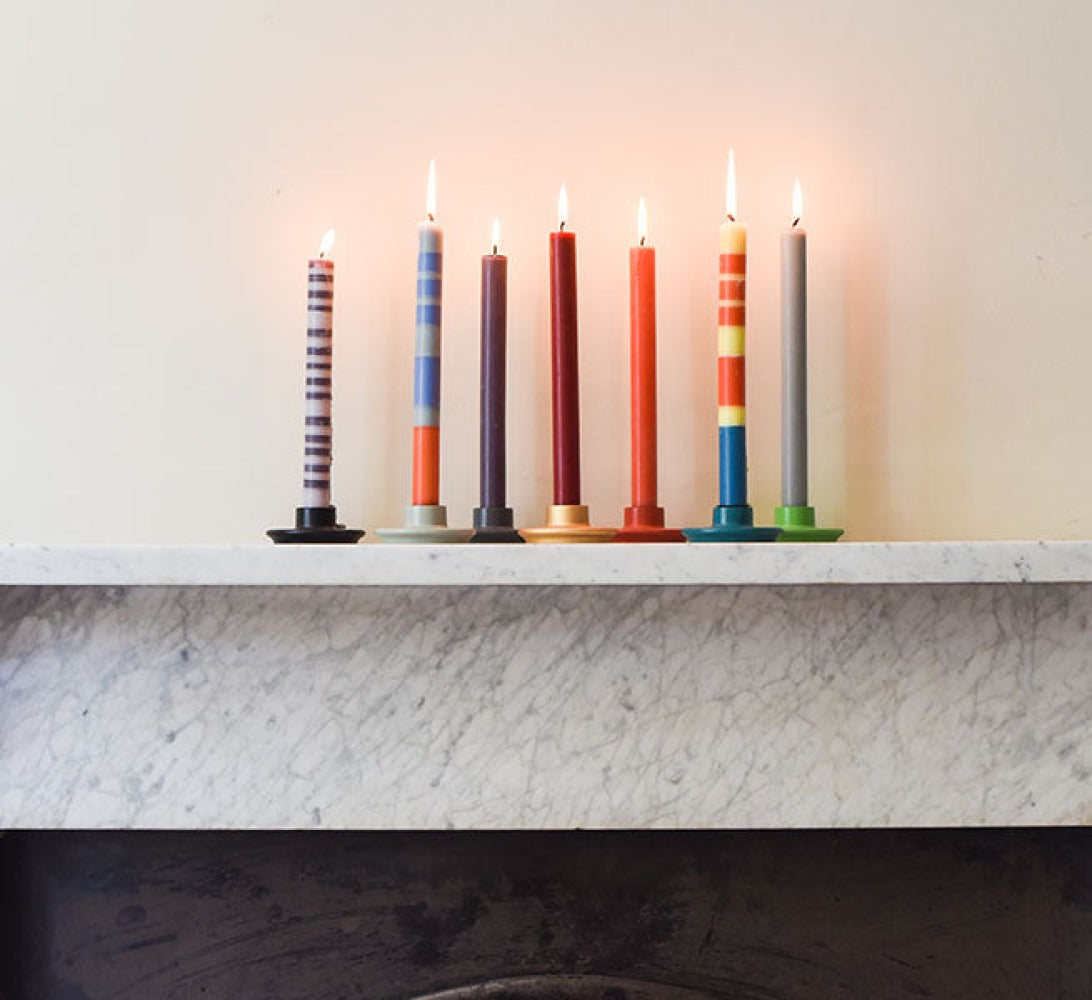 S/4 Striped Beryl Green, Bokhara & Moonstone Dinner Candles