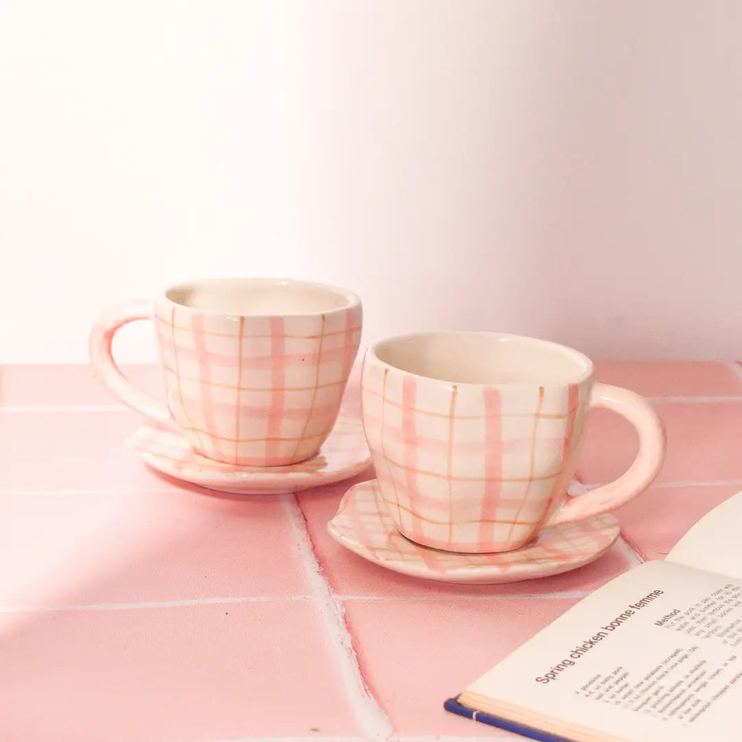 Handmade Ceramic Mug & Coaster Set - Plaid