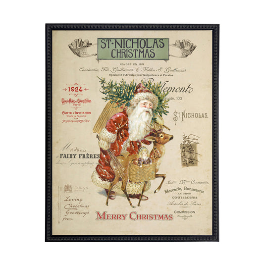 Vintage Painting of Santa on a distressed bookplate background