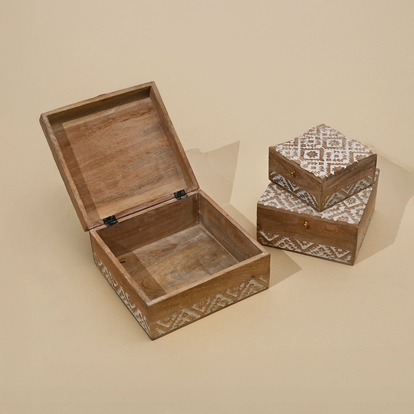 Decorative Nested Boxes Set of 3 | Hand Carved | Mango Wood