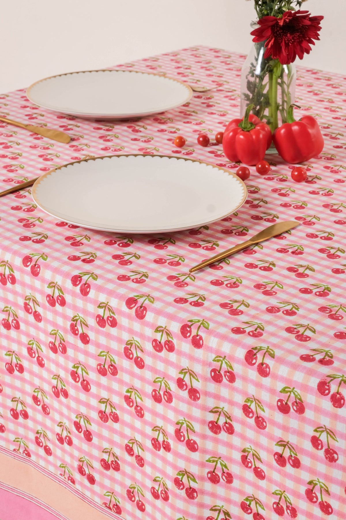 Cherry Blockprint Tablecloth in Red Gingham