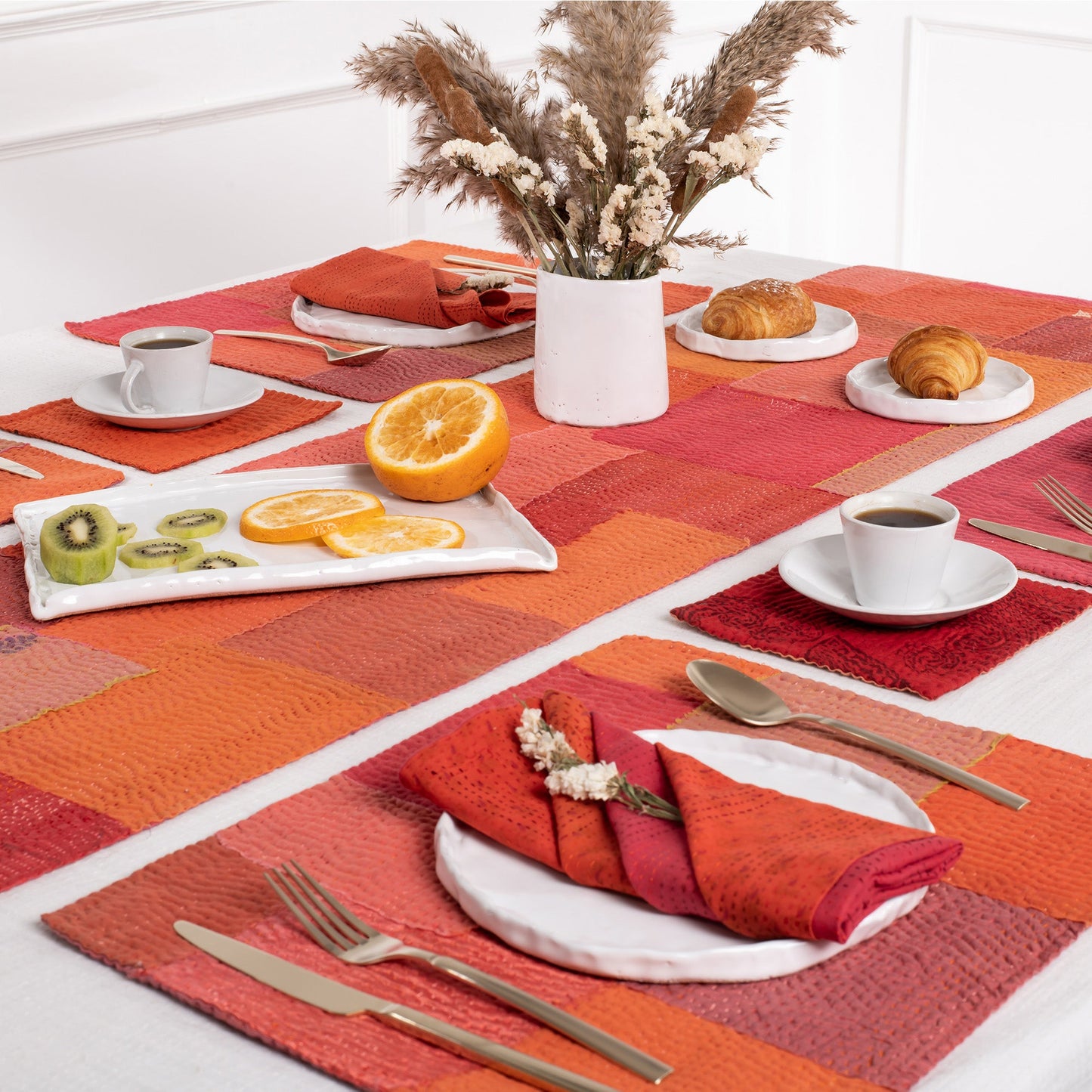 S/2 Mosaic Fray Patch  Vintage Kantha Placemat - Carrots