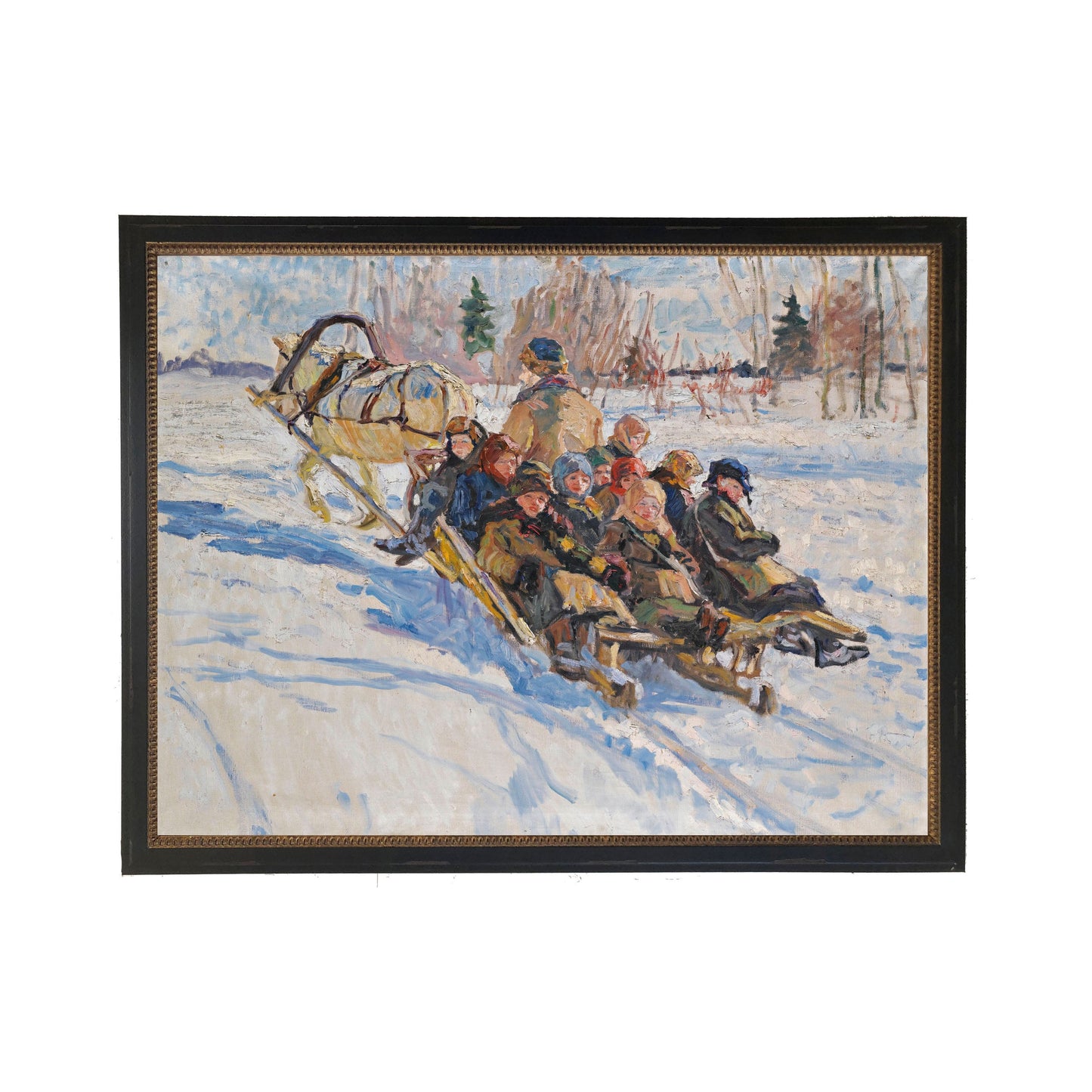 Vintage Winter Scene with Children and Horse and Sled