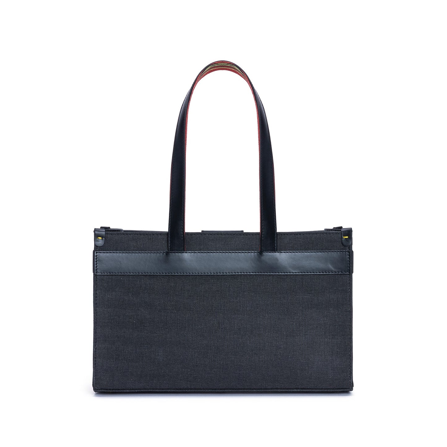 Midi Black Leather & Canvas Tote Bag with Pockets