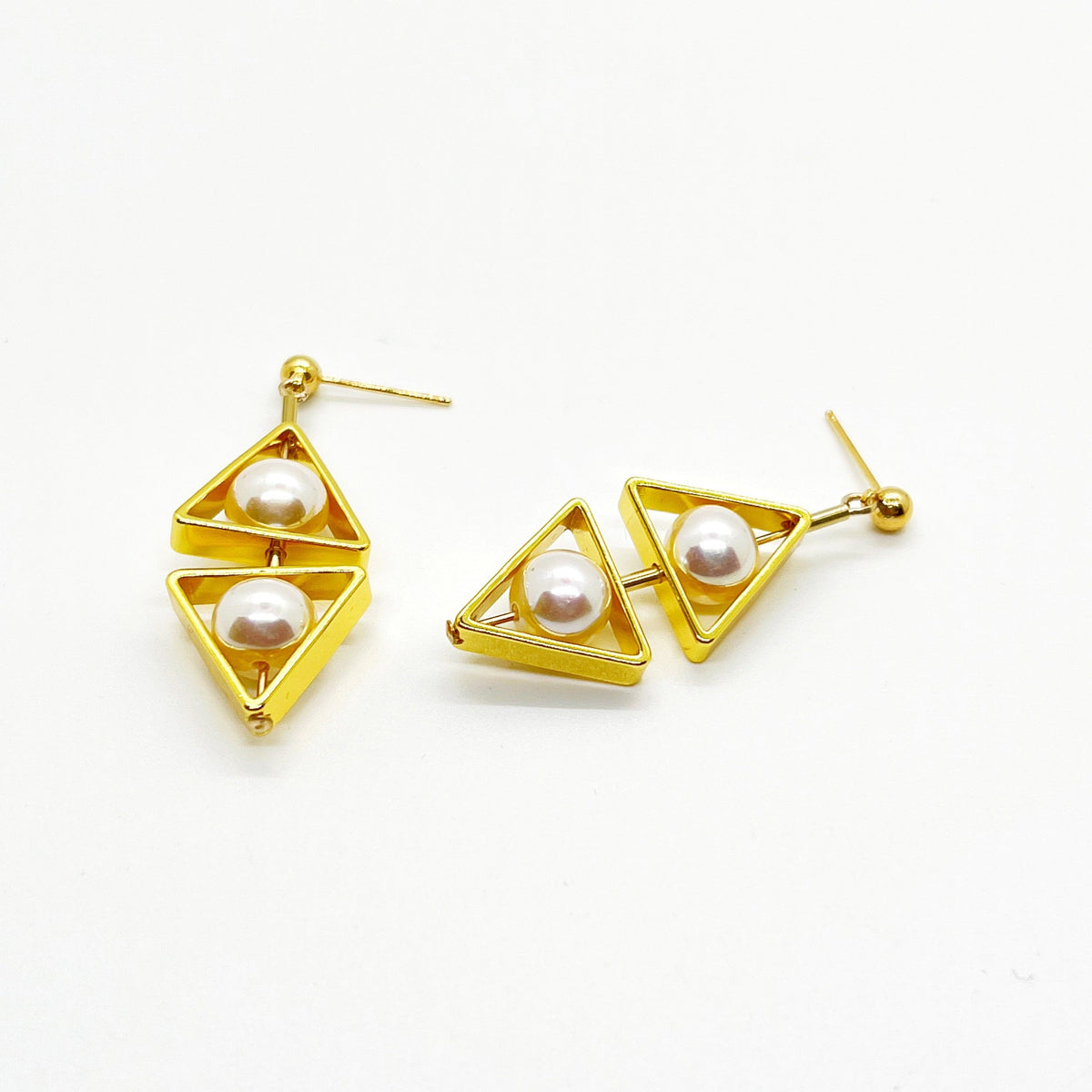 18K Gold-plated Silver Double Triangle Pearl Earrings
