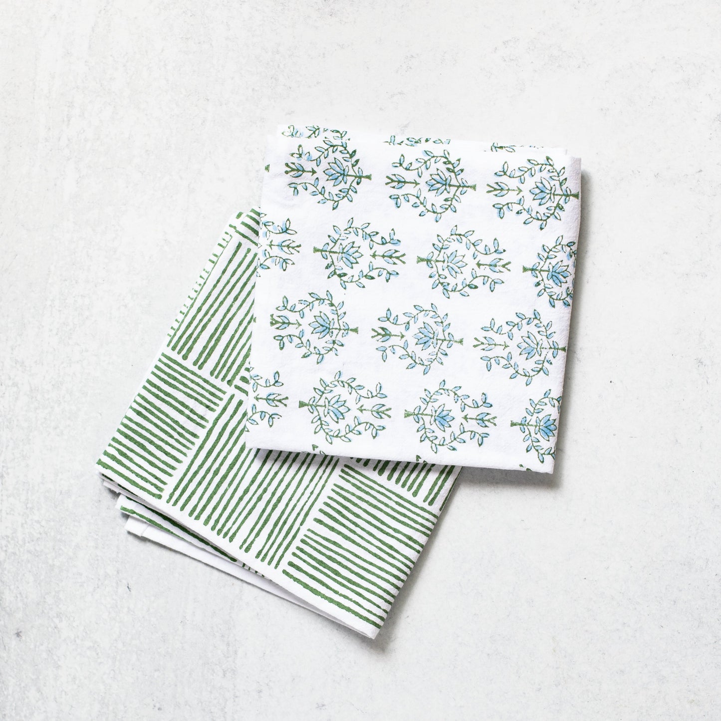 S/2 Tea Towel Set - Lotus & Stripe, Sage