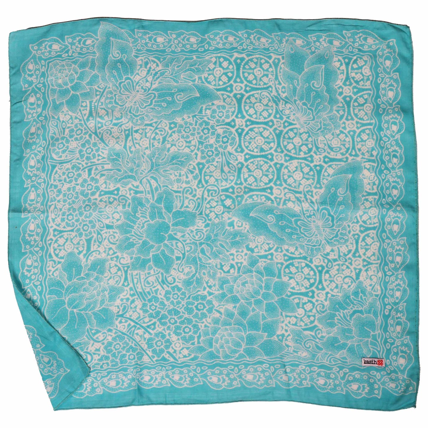 Fully Hand Drawn Batik Tulis Bandana, Teal Tile, Butterfly, Turquoise