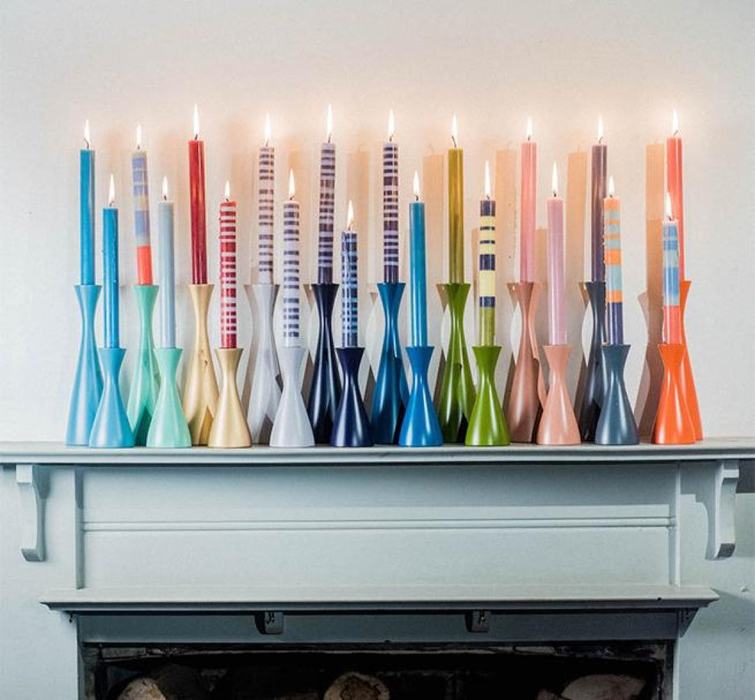 S/4 Striped Rose Beige, Saxe Blue, Jet Black & Primrose Yellow Dinner Candles
