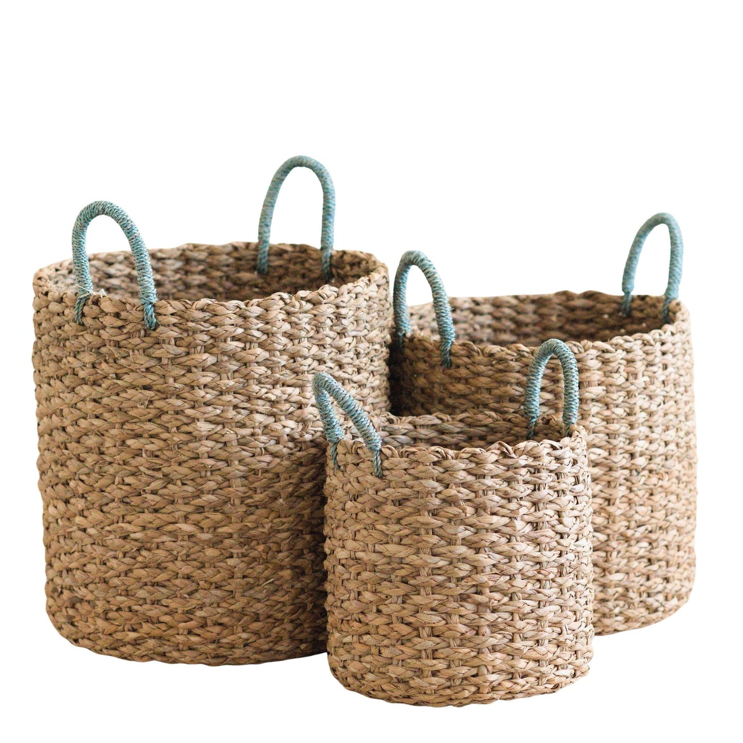 S/3 Seagrass Woven Baskets with Sky Blue Handle