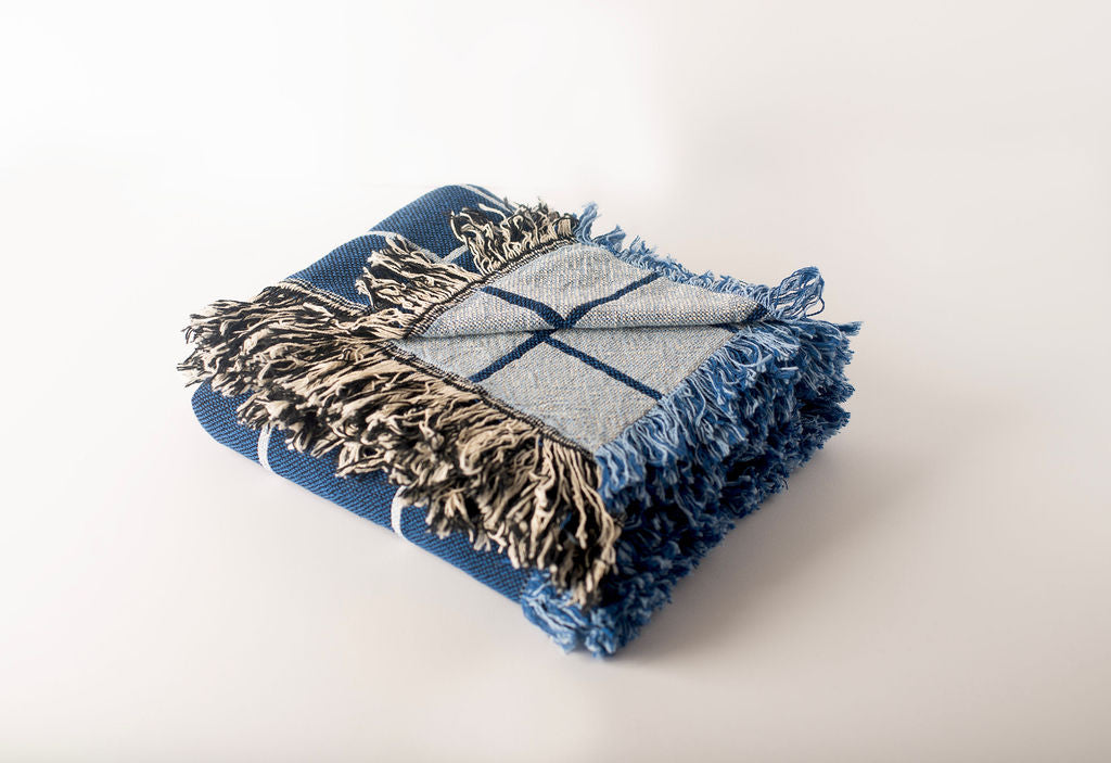 Blue Grid Jacquard Woven Throw