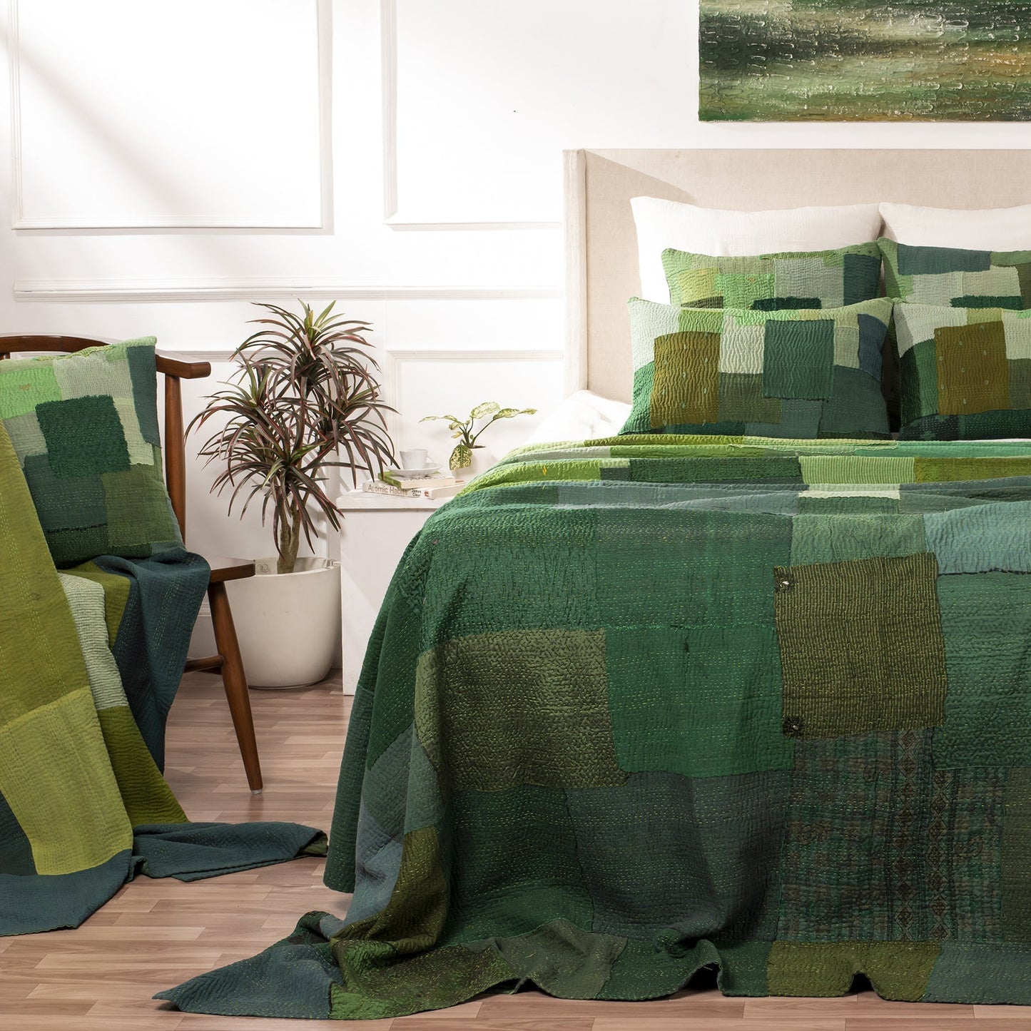 Landscape Fray Patch Handmade vintage Kantha Throw - Green