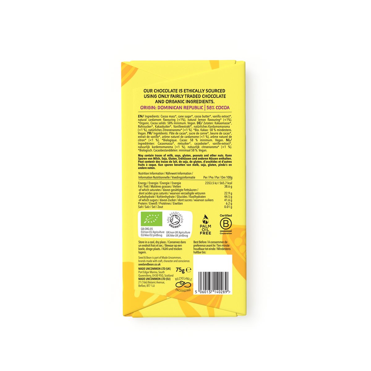 Lemon & Cardamom Dark Chocolate Bar - 75g - Organic, Vegan, 58% Cocoa